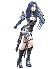 Warrior amazon woman sword and metal blade.Long dark hair.Elven warrior.Comic hero.Muscular athletic body.Girl standing aggressive pose.Conceptual fashion art.3D rendering isolate illustration