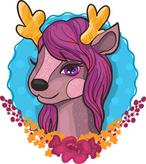 Cute little deer, reindeer character with flowers cartoon doodle vector illustration isolated on white background