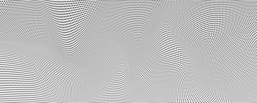Halftone effect from dots, vector background. Wavy uneven surface like flag or water. Minimalistic design, two-tone undulating backgrounds. Abstract distorted patterns.
