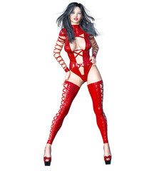 Tall sexy woman in minimalist extravagant sexy red latex lingerie. Thongs bra strap and panties. Conceptual fashion art. Seductive candid pose. Realistic 3D render illustration. Studio, high key.