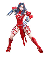 Fototapeta premium Warrior amazon woman sword and metal blade.Long dark hair.Elven warrior.Comic hero.Muscular athletic body.Girl standing aggressive pose.Conceptual fashion art.3D rendering isolate illustration