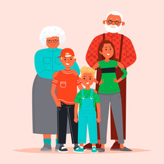 Happy grandparents and grandchildren. Grandmother and grandfather with kids. Vector illustration