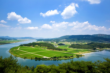 Nakdonggang River. Kyungchundae is a famous tourist spot in Sangju-si, Korea.