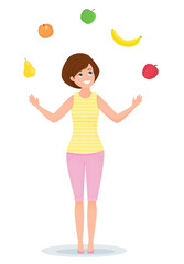 Cheerful girl juggles with fruits and vegetables. Healthy lifestyle