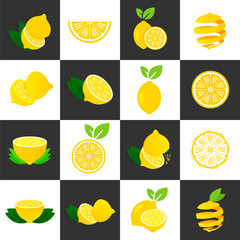 Vector lemon set on white and black background
