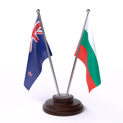 New Zealand and Bulgaria, two table flags isolated on white background. 3d image