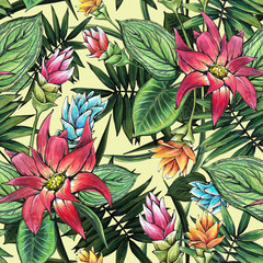 Seamless floral pattern of tropical flowers and leaves.
