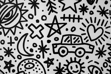 Pattern with car and travel theme, black marker on white background
