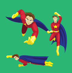Man Manga Style Superhero Set Flying Pose Cartoon Vector Illustration