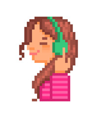 Beautiful happy girl smiling with closed eyes listening to music in headphones, 80s-90s style old school 8 bit pixel art character isolated on white background. Online music streaming service mascot.