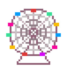 Giant Ferris wheel, old school 80s-90s style 8 bit pixel art icon isolated on white background. Funfair entertainment. Holiday activity. Weekend recreation. Amusement park attraction.