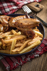 Baked chicken wings with french fries.