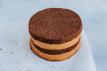Sponge cake of chocolate on the table
