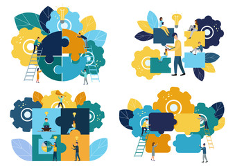 Business concept Team metaphor. people connecting puzzle elements. Set of vector illustrations. flat design style. Symbol of teamwork, cooperation, partnership, new ideas, new victories