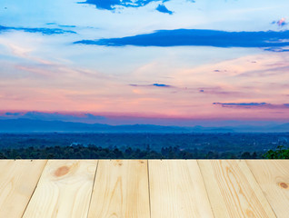 Wood table or terrace with landscape view of moutain and blue sky.