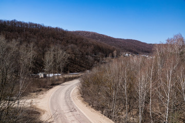 nature, landscape, space, distance, spring, mountains, forest, trees, road, turn