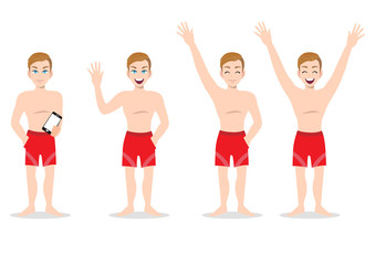 Obraz premium Summer season holiday. Cartoon character on the beach , Handsome man with swimming pant and activities design vector