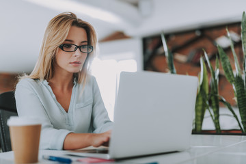 Obraz premium Fair haired woman sitting in the office and using modern laptop