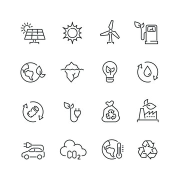 Ecology and recycling related icons: thin vector icon set, black and white kit