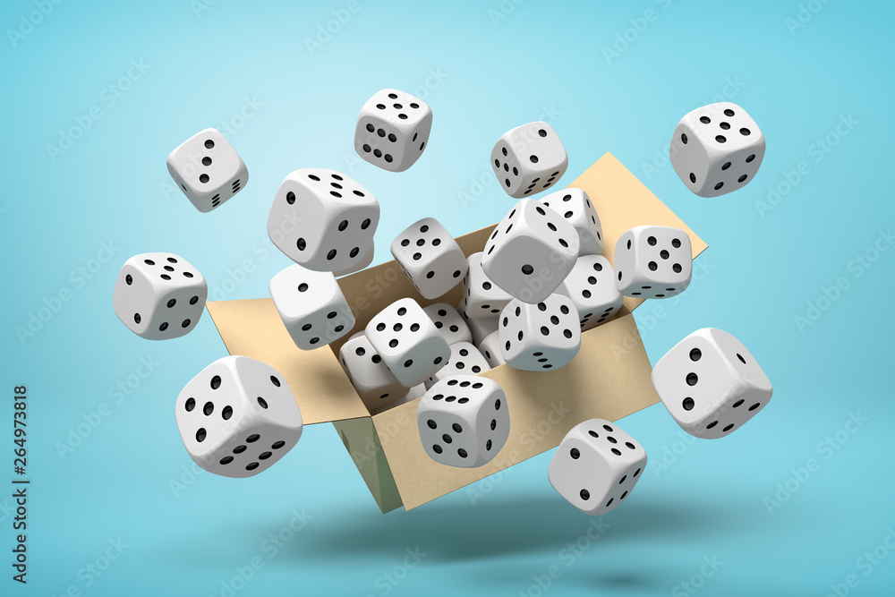 Poster 3d rendering of cardboard box in air full of white dice with black spots which are flying out and fl