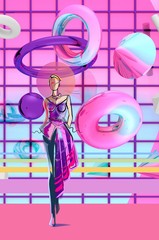 girl in a pink magenta violet asymmetrical dress, with 3D rendering background, catwalk, fashion illustration, modern style with minimalist lines, pearlescent retro pastels color gamma