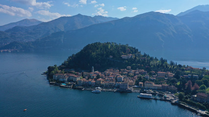 Fototapeta na wymiar Aerial drone photo of iconic village of Bellagio in lake Como one of the most beautiful and deepest in Europe, Lombardy, Italy