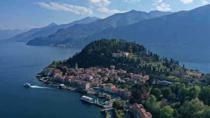 Fototapeta na wymiar Aerial drone photo of iconic village of Bellagio in lake Como one of the most beautiful and deepest in Europe, Lombardy, Italy