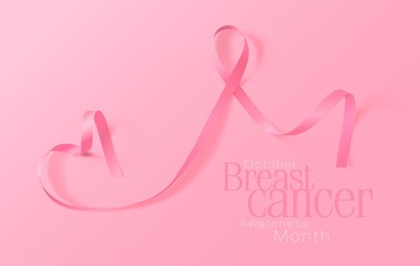 Obraz na płótnie Canvas Breast Cancer Awareness Calligraphy Poster Design. Realistic Pink Ribbon. October is Cancer Awareness Month. Vector Illustration