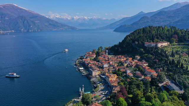 Aerial drone photo of iconic village of Bellagio in lake Como one of the most beautiful and deepest in Europe, Lombardy, Italy
