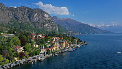 Fototapeta na wymiar Aerial drone panoramic photo of famous lake Como one of the deepest in Europe, Lombardy, Italy