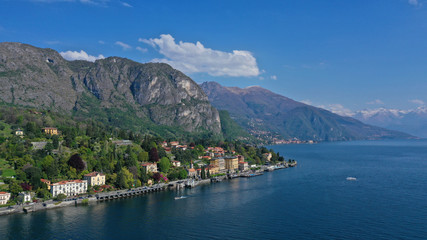 Aerial drone panoramic photo of famous lake Como one of the deepest in Europe, Lombardy, Italy