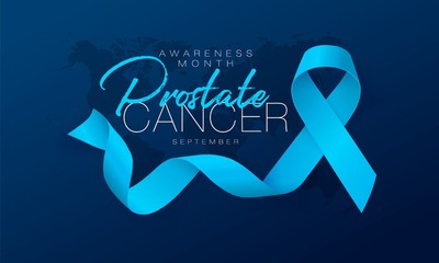 Prostate Cancer Awareness Calligraphy Poster Design. Realistic Light Blue Ribbon. September is Cancer Awareness Month. Vector