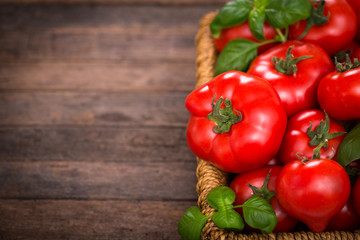 Fresh ripe tomatoes and basil in the basket