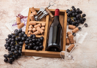 Bottle of red wine and empty glass with dark grapes with corks and opener inside vintage wooden box...