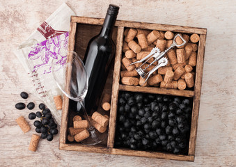 Bottle of red wine and empty glass with dark grapes with corks and opener inside vintage wooden box...