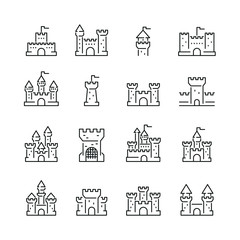 Castles related icons: thin vector icon set, black and white kit