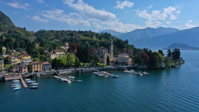 Aerial drone panoramic photo of famous beautiful lake Como one of the deepest in Europe, Lombardy, Italy