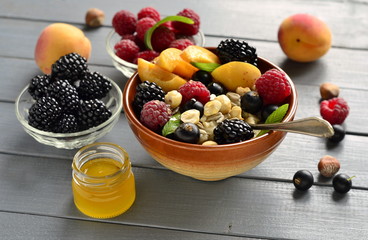Oat flakes with various berries, hazelnuts and honey