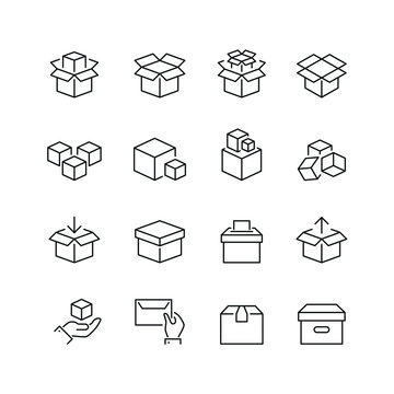 Boxes related icons: thin vector icon set, black and white kit