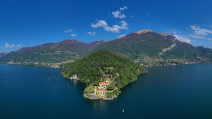 Obraz premium Aerial drone panoramic photo of famous beautiful lake Como one of the deepest in Europe, Lombardy, Italy