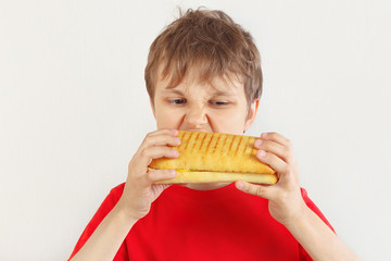 Young cut boy in a red shirt eating a tasty cheeseburger on a white background.