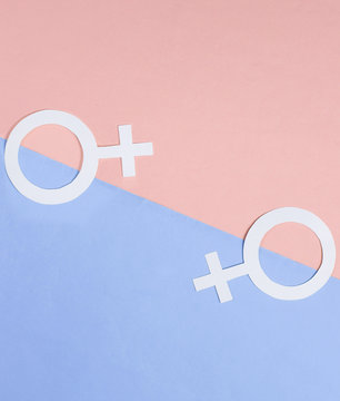 Two Gender symbol feminism on pastel background. Top view. LGBT community Minimalism.