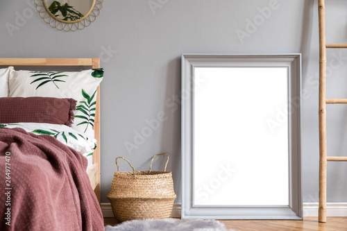 Stylish And Luxury Interior Of Bedroom With Gray Mock Up Frame