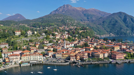 Fototapeta na wymiar Aerial drone photo of iconic village of Tremezzina in lake Como one of the most beautiful and deepest in Europe, Lombardy, Italy