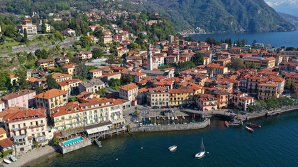 Fototapeta na wymiar Aerial drone photo of iconic village of Tremezzina in lake Como one of the most beautiful and deepest in Europe, Lombardy, Italy