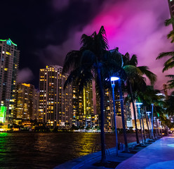 Colorful night in downtown Miami Riverwalk