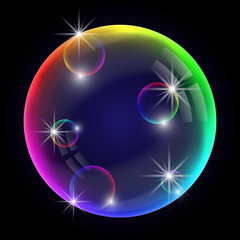 Colorful soap bubble. Vector illustration with transparent black background.