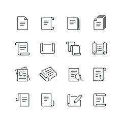 Scrolls and papers related icons: thin vector icon set, black and white kit