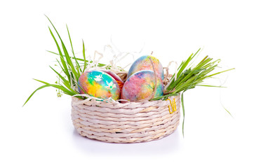 Painted eggs in basket on white background. Isolation