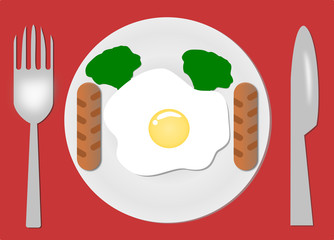 Fried eggs. Plate, fork and knife. Breakfast serving. Cooked omelette. Isolated red background. Design for Vector. illustration.